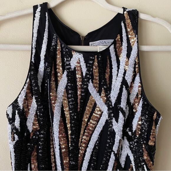 Ieena by Mac Duggal | Sleeveless Mini Sheath Dress Sequins Party Black Gold SZ 4 - Picture 2 of 5